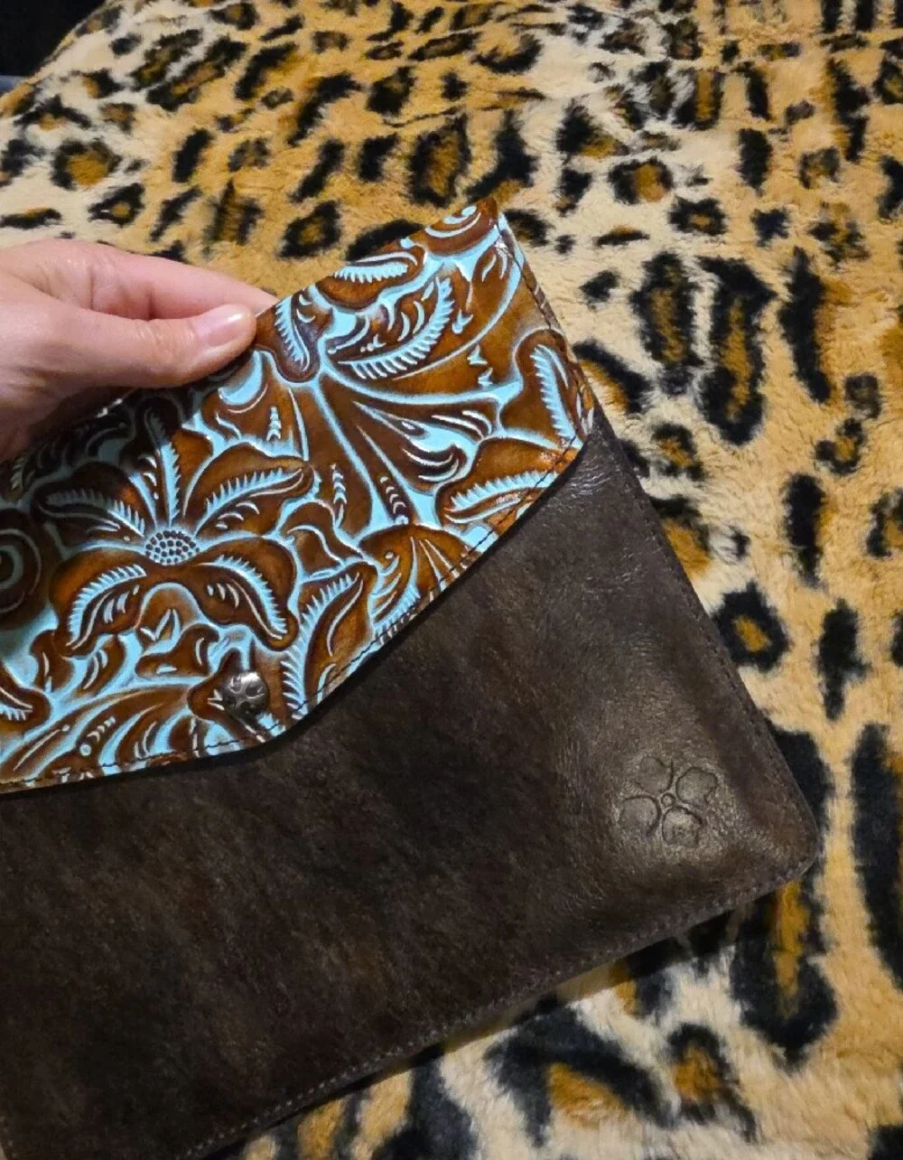 Patricia Nash Brown Leather Clutch with Turquoise Tooled Flap